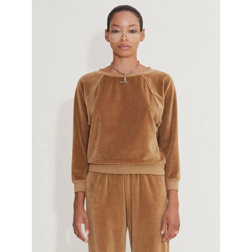 SUZIE KONDI Velour Drop Shoulder Crewneck Crop Top Brown Women's Size Small